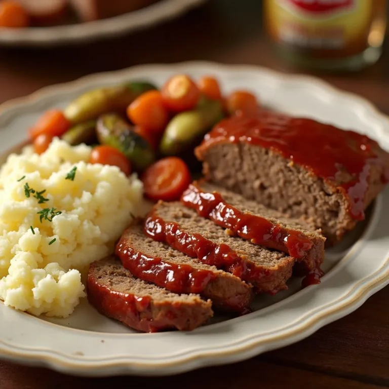 Lipton Onion Soup Meatloaf sliced and served on a plate with mashed potatoes and vegetables